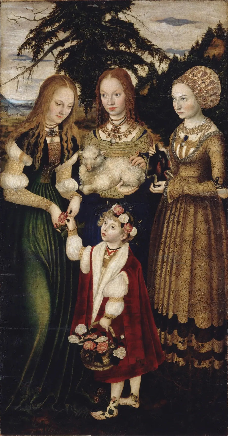 Aziz Catherine'in Şehitliği Altarı: Aziz Dorothée, Aziz Agnes, Aziz Cunégonde [sol kanat, ön yüz] - Lucas Cranach the Elder