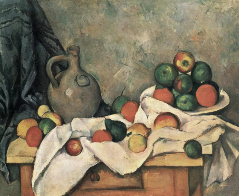 Perde, sürahi ve meyve tabağı - Paul Cézanne
