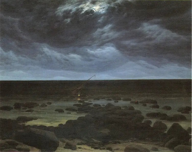 Ay ışığında karaya oturmuş tekne ile kıyı - Caspar David Friedrich