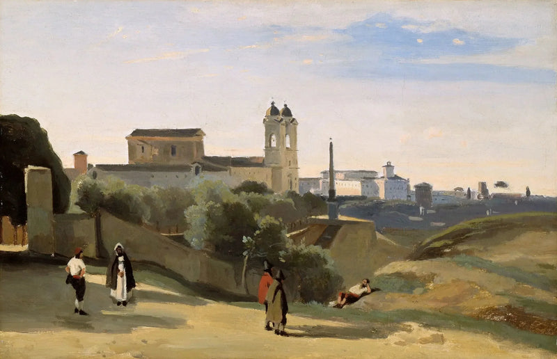 Roma Mont Pincio. Montlar Üçlüsü. Fransa Akademisi bahçelerinden manzara - Jean-Baptiste Camille Corot