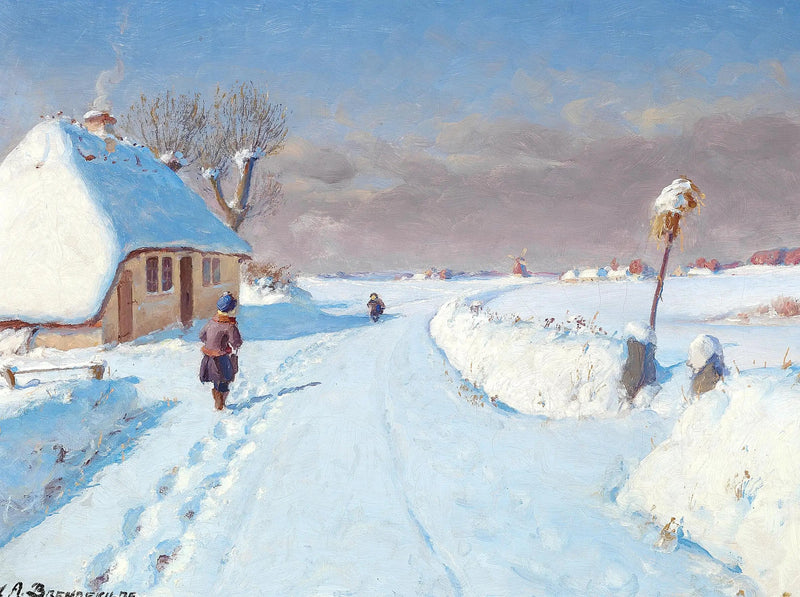 güneşli köy kenarında yol, kış (32 x 42 cm). - H. A. Brendekilde
