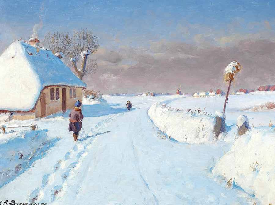güneşli köy kenarında yol, kış (32 x 42 cm). - H. A. Brendekilde