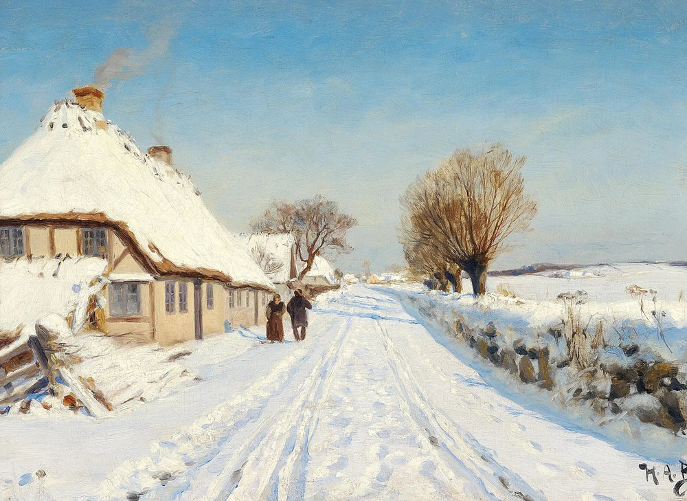 Route ensoleillée au bord d’un village hiver. - H. A. Brendekilde - Alpha Reproduction