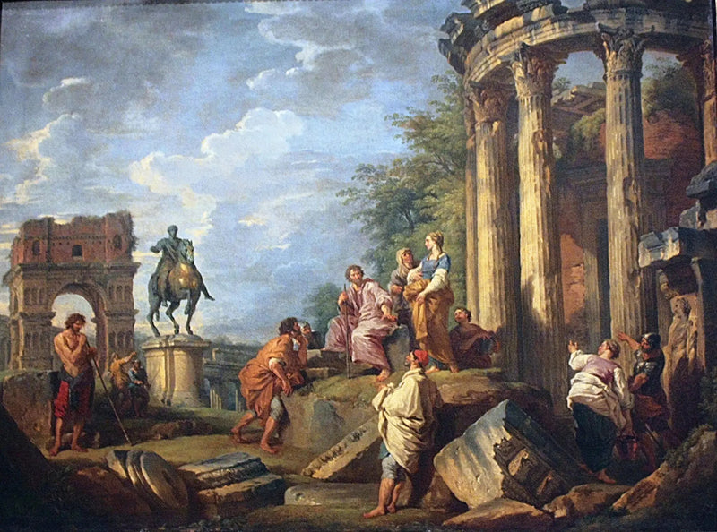 Janus kemeri, Vesta tapınağı ve Marcus Aurelius heykeli ile mimari kalıntılar - Giovanni Paolo Panini