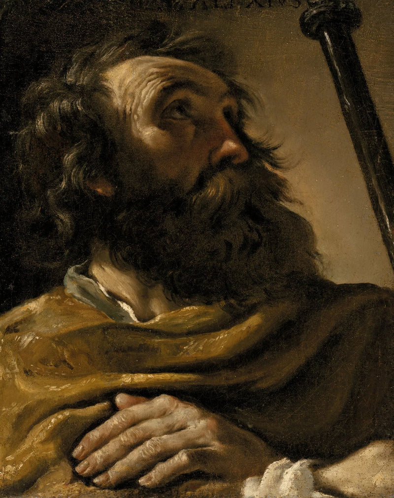 Saint Alexis kahverengi bir kaban içinde, değnek tutuyor - Guercino