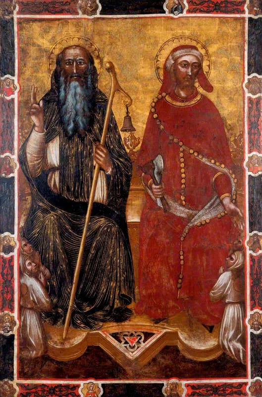 Saint Antoine l'Abbé ve Saint Éloi ile iki çift diz çökmüş sadık (bir tarafı geçit bayrağı) (eskiden Barnaba da Modena'ya atfedilmiştir) - Spinello Aretino
