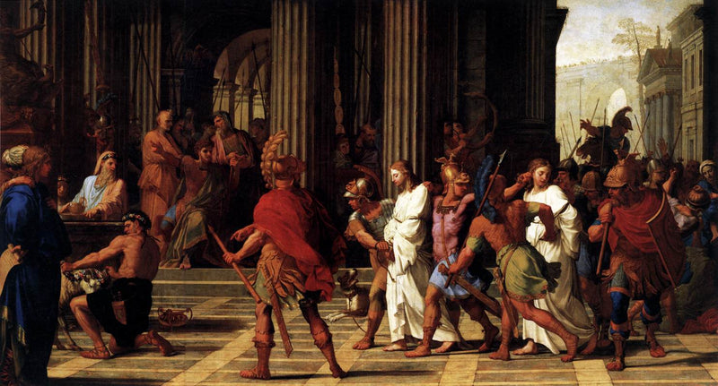 Saint Gervais ve Saint Protais, Jupiter'e kurban kesmeyi reddeden Astasius'un önünde geliyor - Eustache Le Sueur