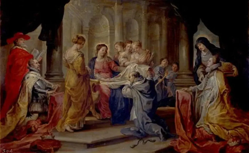 Aziz Ildefonse'un Meryem Ana'nın chasuble'ini alması, arka planda Arşidük Albert ve Infante Isabelle ile - Peter Paul Rubens