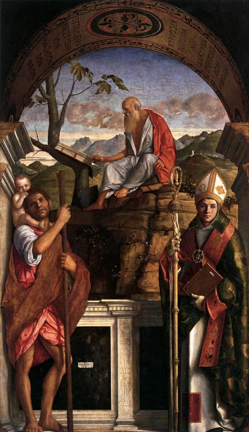 Saint Jérôme Okuyorken, Aziz Christophe ve Aziz Louis de Toulouse ile - Giovanni Bellini