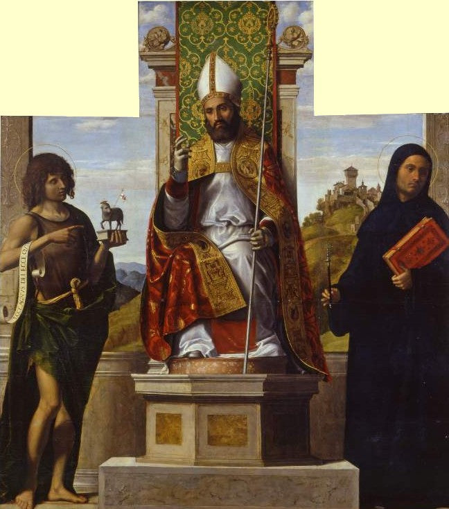 Saint Lanfranc'ın Tahtta Oturması, Saint Jean-Baptiste ve Saint Libère Arasında - Cima da Conegliano