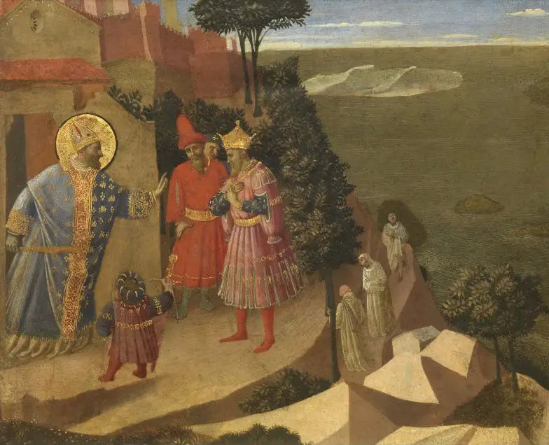 Saint Romuald İmparator Otton III'ün manastıra girişini yasaklıyor, Thebaid sahnelerini gösteren kesilmiş bir panelden alınmış - Fra Angelico