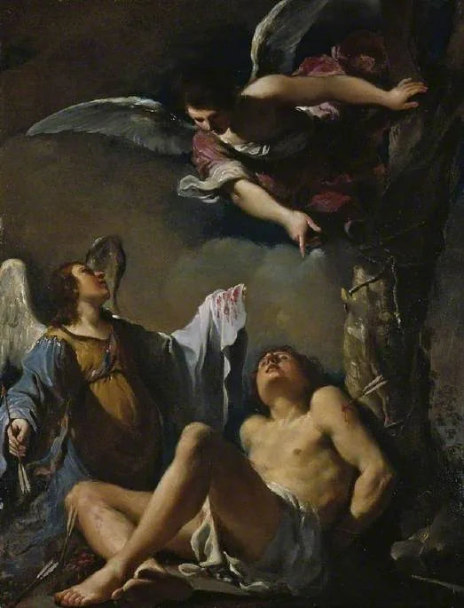 İki melek tarafından kurtarılan Aziz Sebastian - Guercino