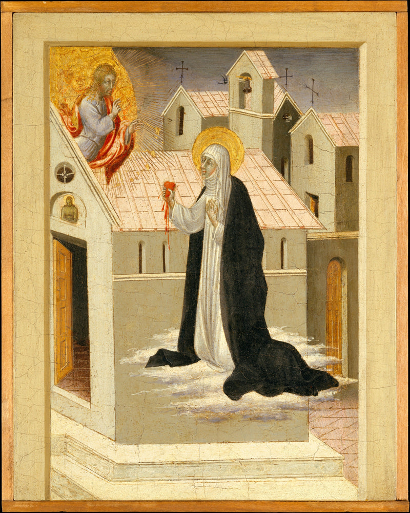 Saint Catherine de Sienne kalbini İsa Mesih ile değişiyor - Giovanni di Paolo