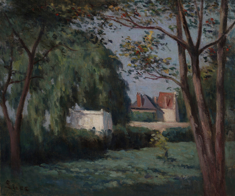Üç ev ve bir ağaç ile kırsal sahne - Maximilien Luce