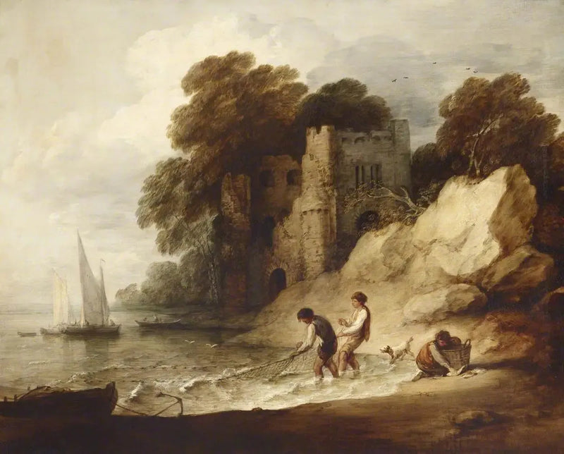 Kayalık kıyı sahnesi, harabe şato, tekneler ve balıkçılar - Thomas Gainsborough