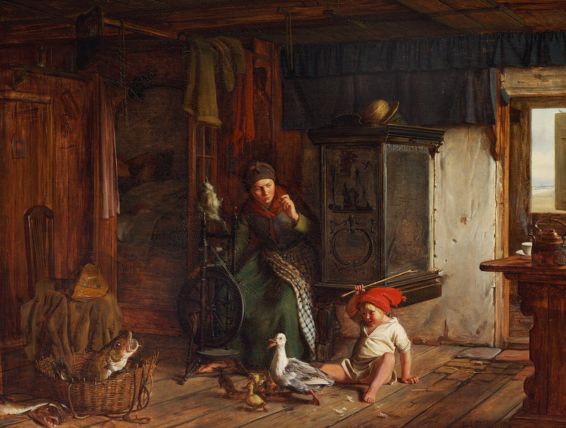 Balıkçı evinde sahne. Bir çocuk ördeğe saldırıyor. Baba uyumaya ihtiyacı var. - Carl Heinrich Bloch