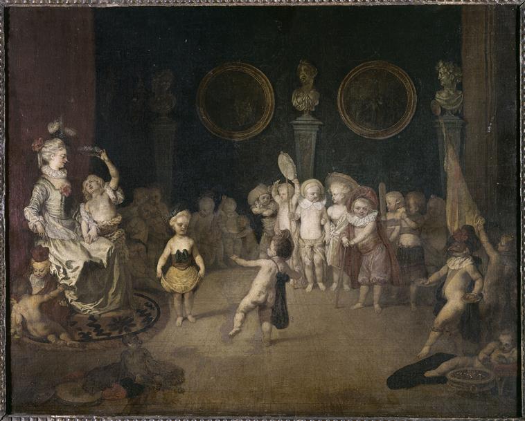 İtalyan komedi sahnesi, çocuklardan oluşan bir grup tarafından sergileniyor - Antoine Watteau