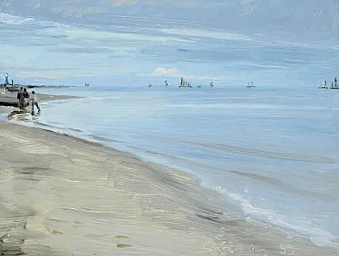 Skagen'de plaj manzarası. Bir teknede balıkçılar. Deniz feneri ışıklandırılmış. - Peder Severin Krøyer