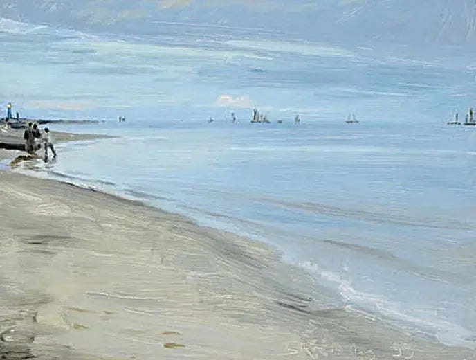 Skagen'de plaj manzarası. Bir teknede balıkçılar. Deniz feneri ışıklandırılmış. - Peder Severin Krøyer