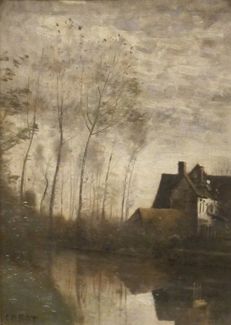 Nehir Manzarası, Evler ve Kavaklar ile - Jean-Baptiste Camille Corot