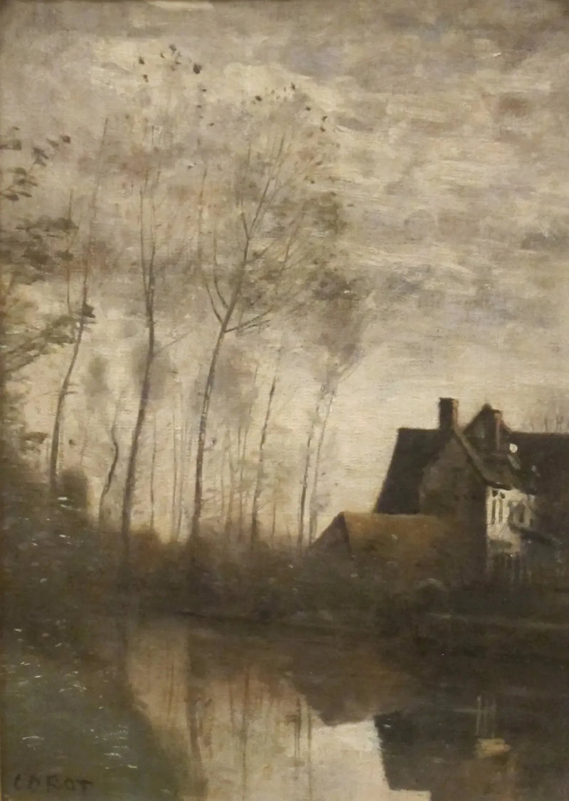 Nehir Manzarası, Evler ve Kavaklar ile - Jean-Baptiste Camille Corot