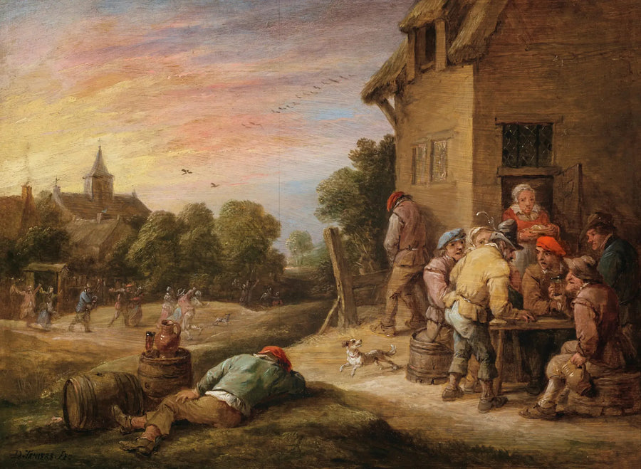 Köy Manzarası ve Bir Hanın Önünde Kutlama Yapan Çiftçiler - David Teniers le Jeune