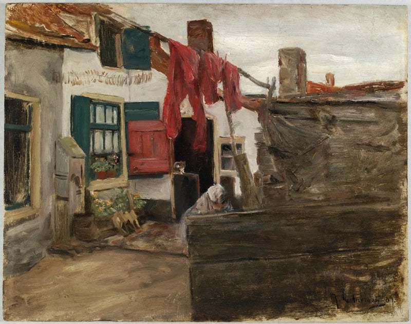Hollanda köyü sahnesi, asılı çamaşırlarla - Max Liebermann