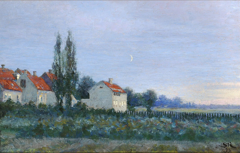 Akşam sahnesi, evler ve kavaklar ile - Peder Severin Krøyer