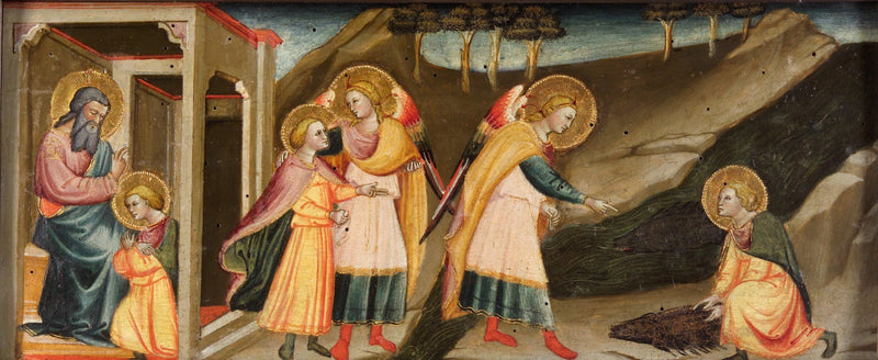 Tobias Sahnesi (Tobias babasına veda ediyor; Tobias ve arhangel Raphael'in yolculukları; Tobias'un balıktan kalp, anahtar ve safranı alması) - Bicci di Lorenzo