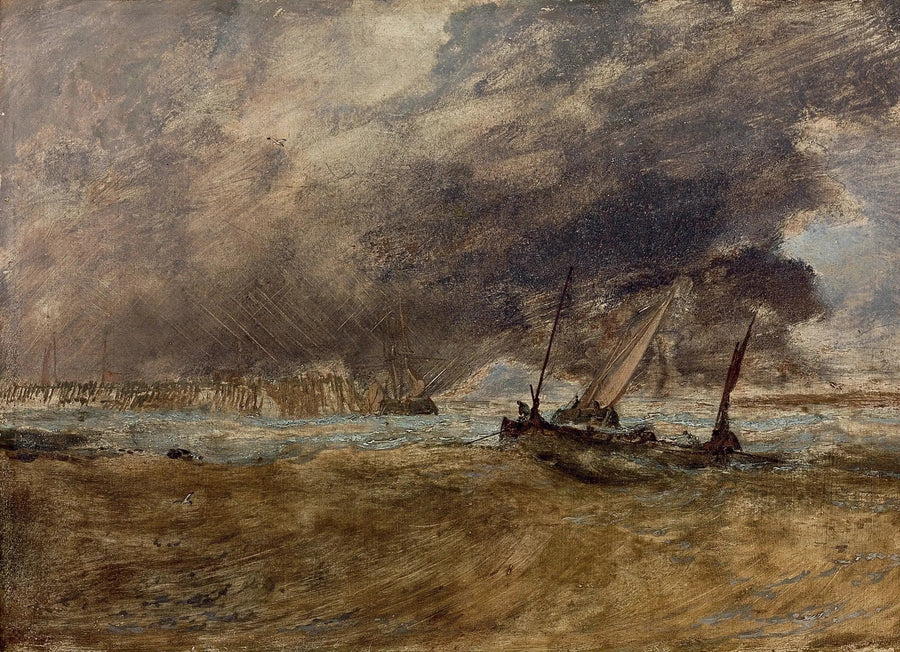 Ahşap iskelede balıkçı tekneleri ile deniz manzarası, fırtına yaklaşırken - J. M. W. Turner