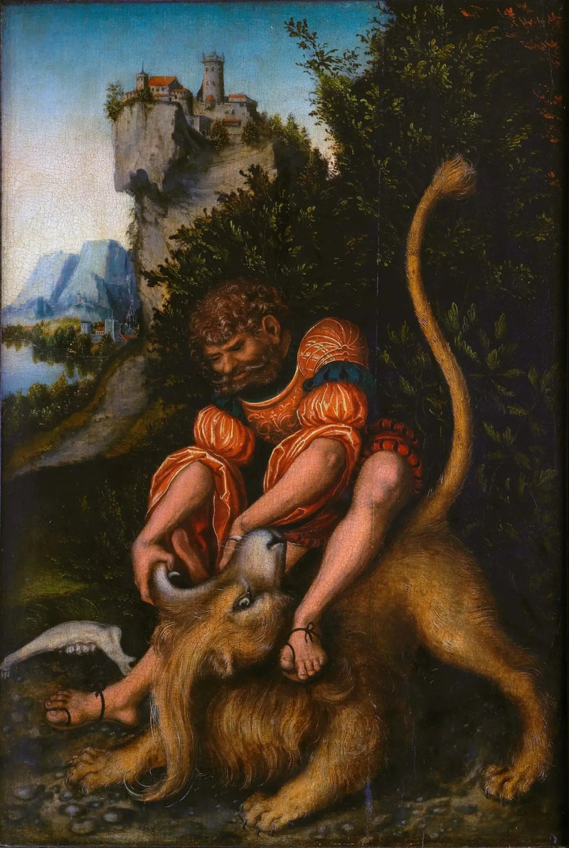 Simson bir aslanla savaşırken - Lucas Cranach the Elder