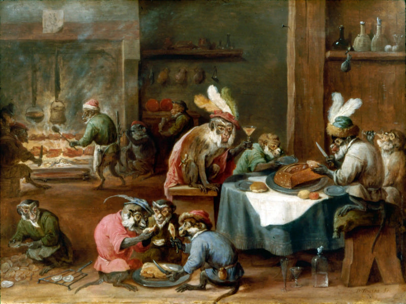 Mutfakta yemek yiyen maymunlar - David Teniers le Jeune