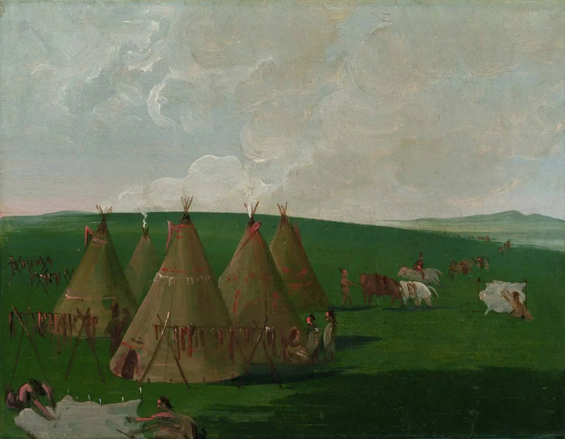 George Catlin - Sioux, Haut-Missouri'de kamp kurarken, bizon eti ve elbiseler hazırlarken