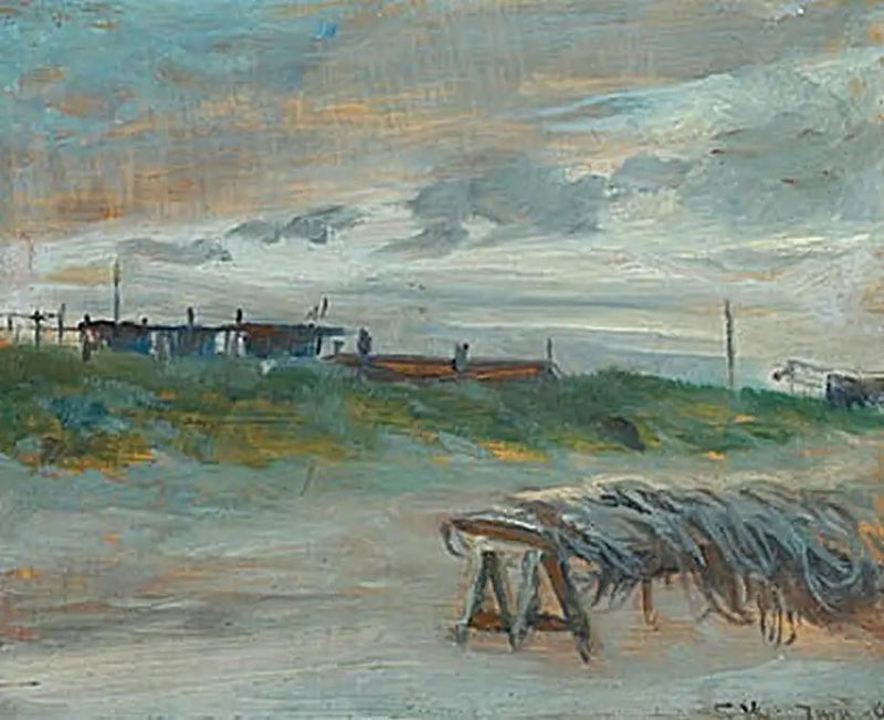 Skagen Sønderstrand bir Haziran akşamı, bulutlu havada. Önünde balıkçı ağları. - Peder Severin Krøyer