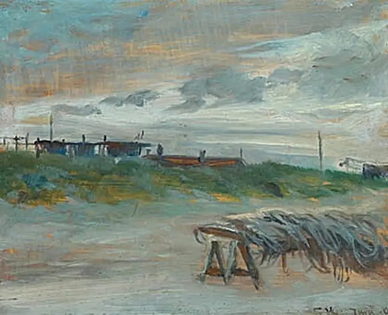Skagen Sønderstrand bir Haziran akşamı, bulutlu havada. Önünde balıkçı ağları. - Peder Severin Krøyer