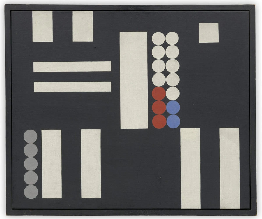 Black Ground, White, Blue, Red, and Grey Forms* - Sophie Taeuber-Arp