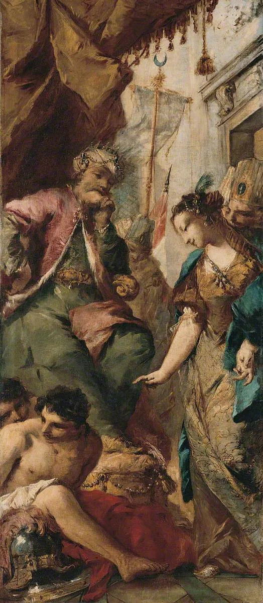 Sophronie, Kral Sarrasin Aladine'den Hristiyan mahkumları serbest bırakmasını istiyor - Francesco Guardi