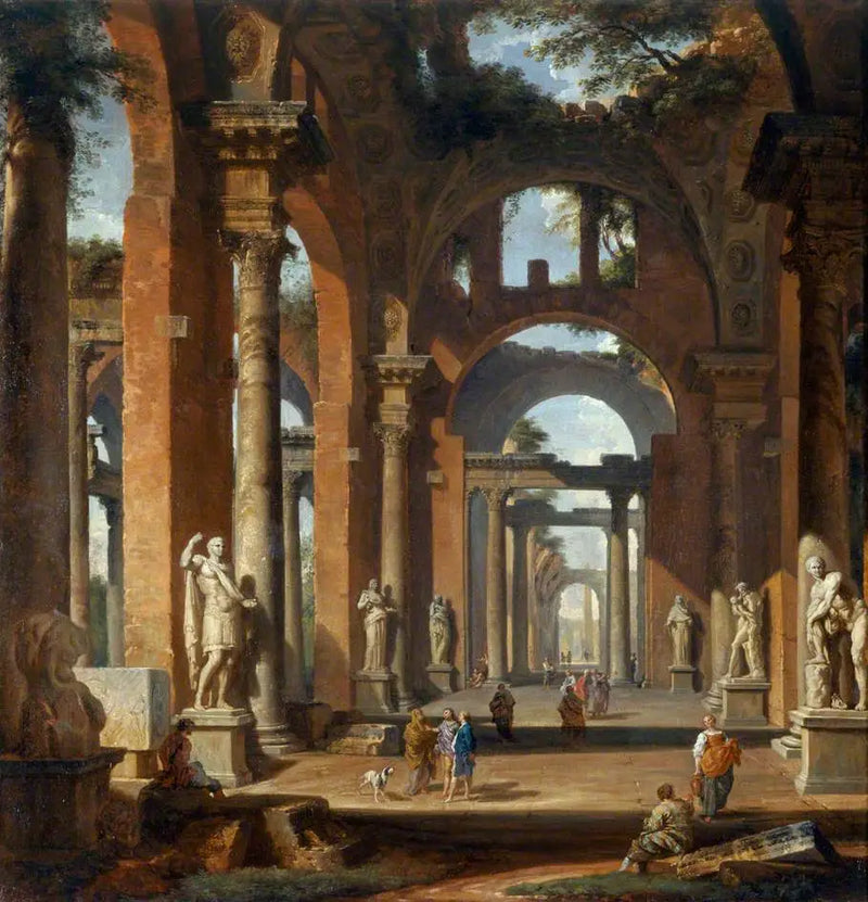 Harabe bir kemer içindeki heykeller - Giovanni Paolo Panini