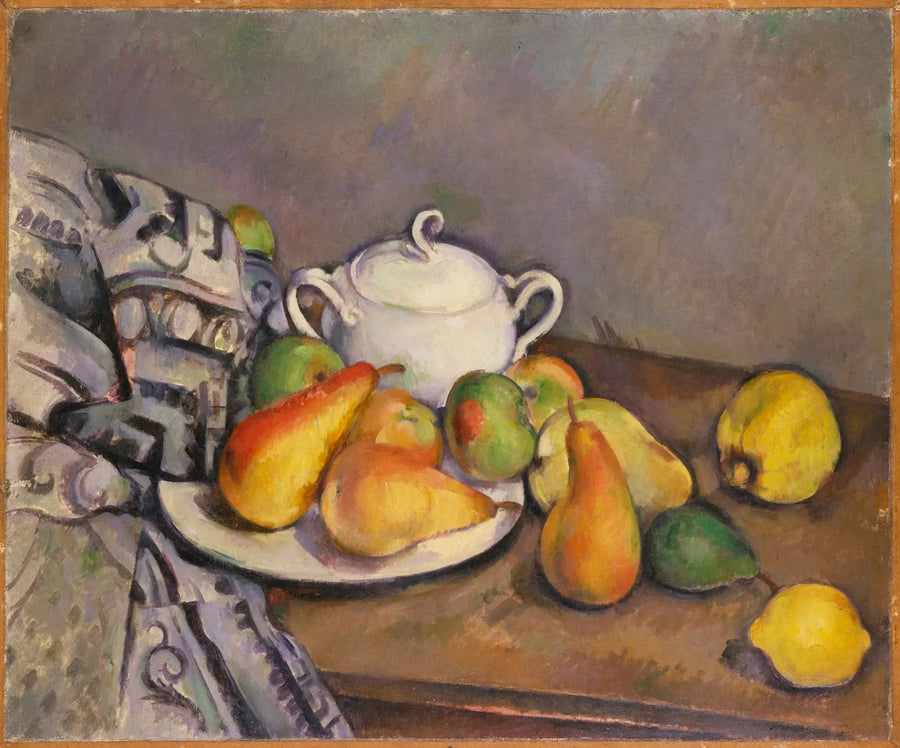 Şekerlik, armutlar ve halı - Paul Cézanne