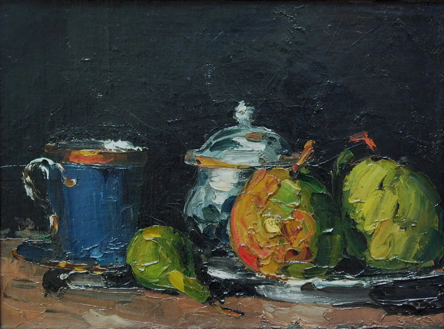 Şekerlik, armutlar ve mavi fincan - Paul Cézanne