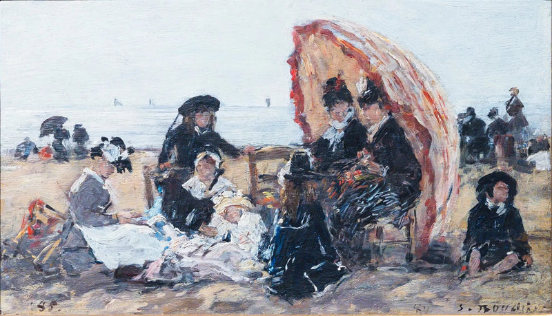 Trouville Plajı'nda, kırmızı şemsiyenin gölgesinde - Eugène Boudin