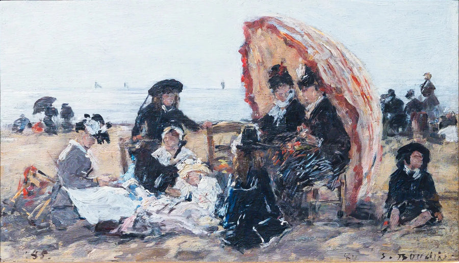 Trouville Plajı'nda, kırmızı şemsiyenin gölgesinde - Eugène Boudin