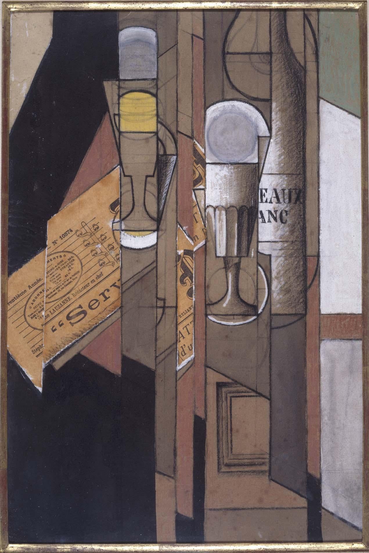 Tasses, journal et bouteille de vin - Juan Gris