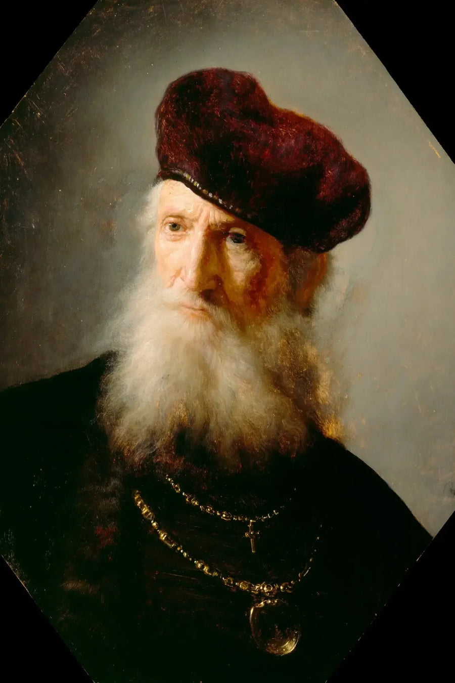 Yaşlı bir sakallı adamın başı, yüksek bir beret giyiyor - Rembrandt