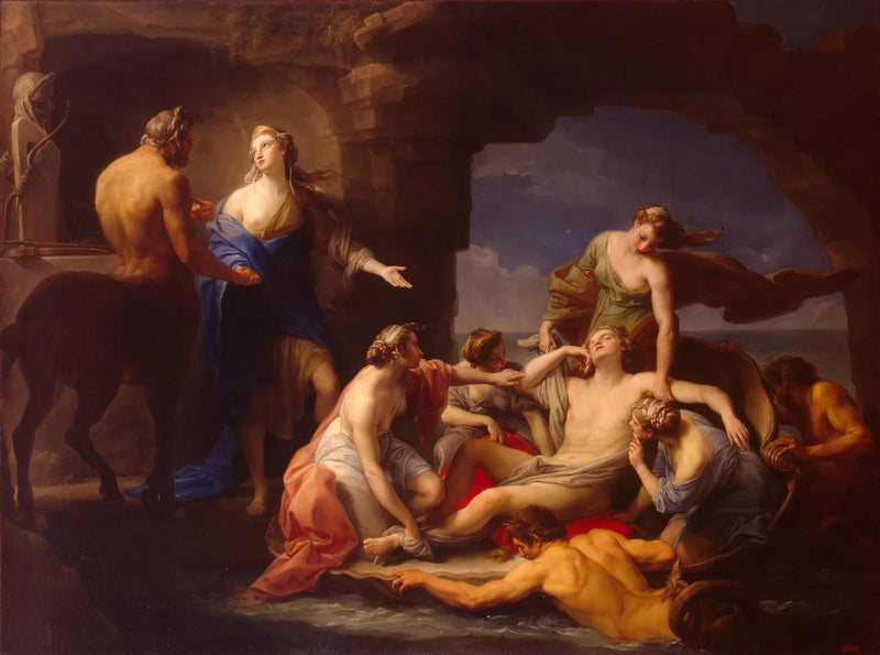 Thétis, uyuyan oğlu Achille'yi centaur Chiron'dan alıyor - Pompeo Batoni