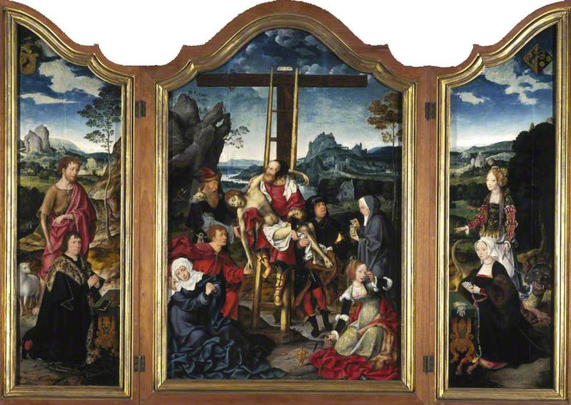 Triptyk. Ortada: Haçın Çekilişi; solda: Vaftizci Yahya ve bir bağışçı; sağda: Antiocheli Meryem Ana ve bir bağışçı. - Joos van Cleve