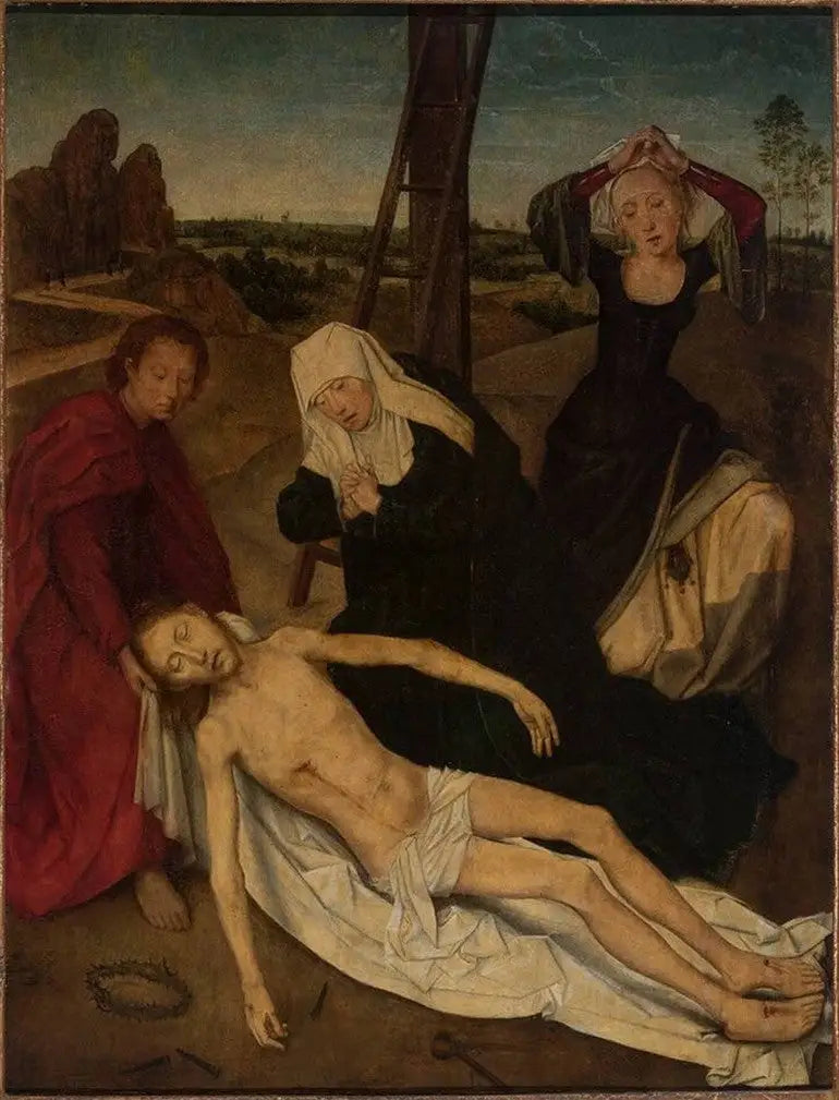 Triptyk, ortada: Meryem Ana, Aziz Jean ve Meryem Magdalene tarafından ağlayan İsa - Hans Memling