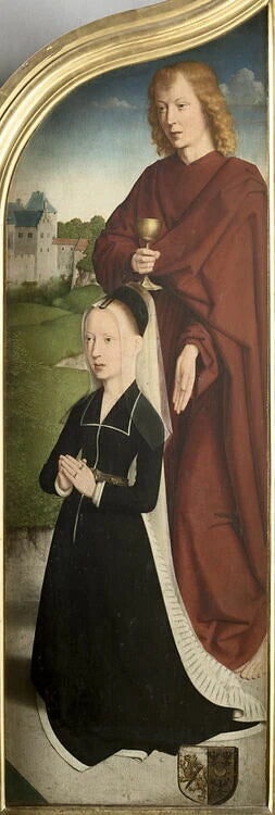 Triptyque de la famille Sedano : volet droit : Marie, épouse de Jean de Sedano, en prière avec saint Jean l'Évangéliste ; face externe : Ève, nue - Gérard David