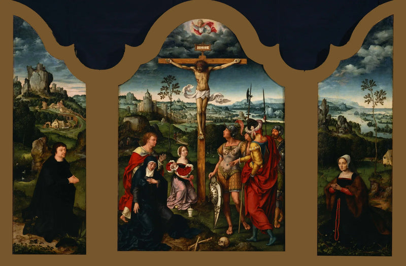Triptyk: Çarmıha Geriliş, diz çökmüş bağışçı ve eşinin yanında - Joos van Cleve