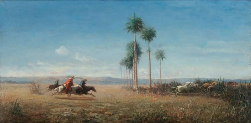 Üç süvari ve bir ovada galoplayan atlar (Venezuela) - Camille Pissarro